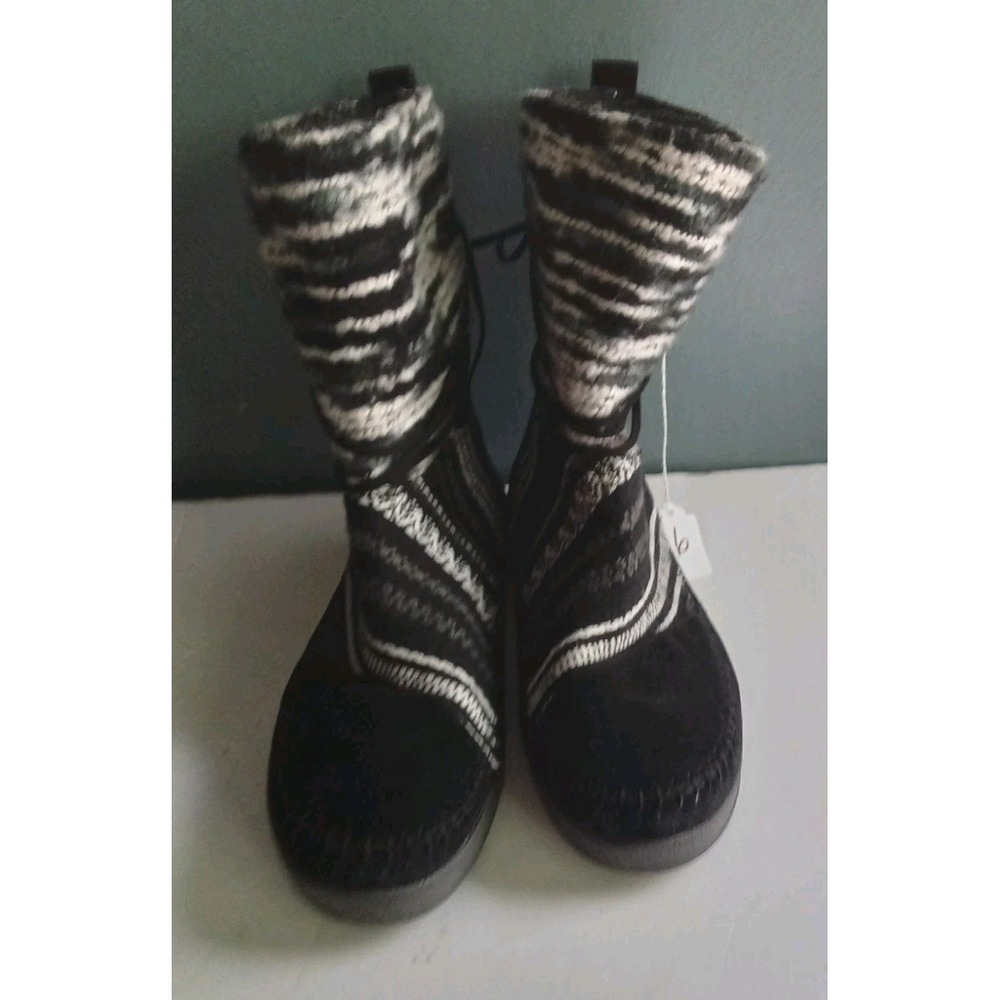 Black Suede Leather Boots Boho Knit Trim Lace Up Winter Ankle‎ Booties